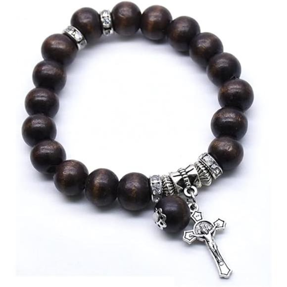 Wood Beads Rosary Bracelet Medal & Catholic Cross Religious Prayer Chaplet - Picture 5 of 5